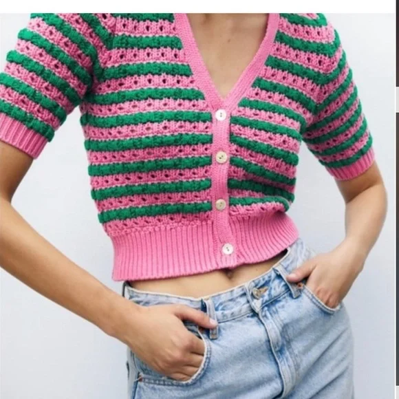 Zara Barbiecore Striped Green and Pink Cropped Cardigan Size S - Picture 1 of 2